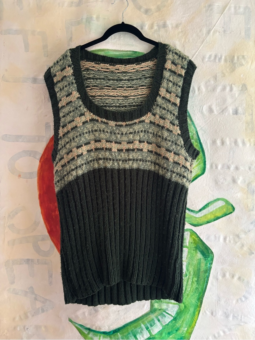 Handmade Sleeveless Knit Vest Top in Dark Green and Cream